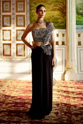 Charu And Vasundhara Karla Embellished Corset With Pre-Draped Saree 