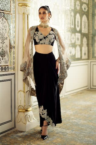 Charu And Vasundhara Kainna Embroidered Circular Motif Cape Skirt Set 