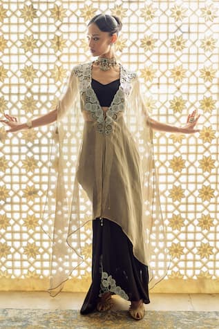 Charu And Vasundhara Kayden Tissue Embellished Cape Skirt Set 