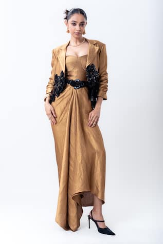 Nupur Kanoi Draped Dress With Embroidered Crop Blazer 