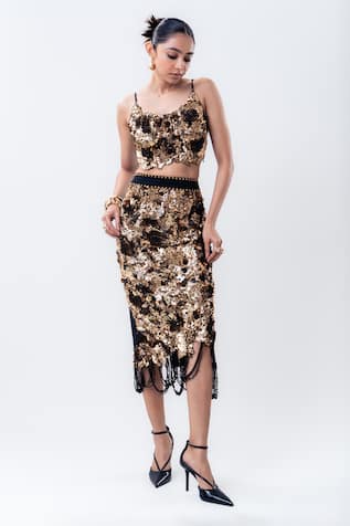 Nupur Kanoi Sequin Strappy Bustier & Embroidered Pencil Skirt Set 