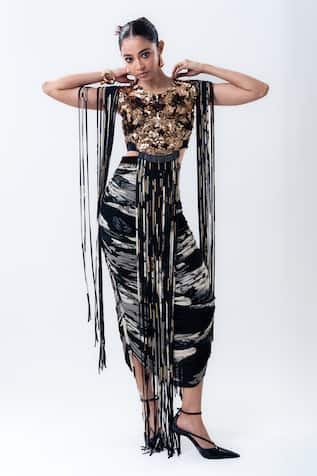 Nupur Kanoi Fringed Sequin Crop Top & Printed Crush Skirt Set 