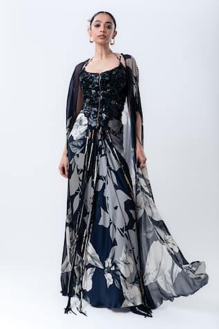 Nupur Kanoi Printed Slit Cape With & Draped Skirt Set 