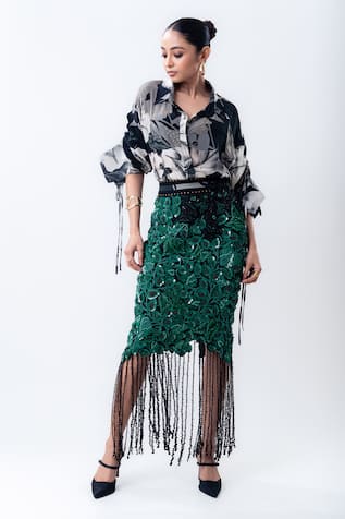 Nupur Kanoi Printed Studded Shirt With Bougain Embroidered Pencil Skirt 