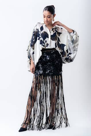 Nupur Kanoi Printed Studded Balloon Top With Fringed Mini Skirt 