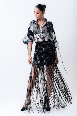 Nupur Kanoi Printed Studded Shirt With Sequin Fringed Mini Skirt 