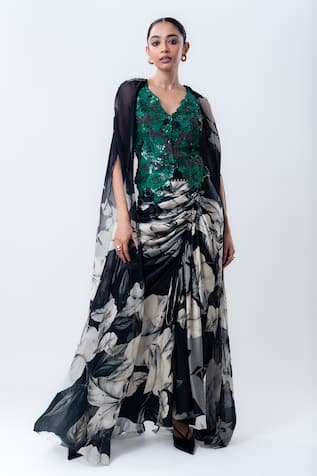 Nupur Kanoi Printed Slit Cape With Drawstring Skirt Set 