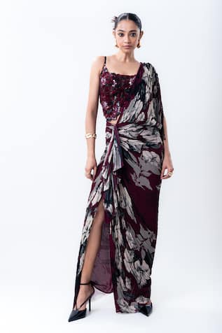 Nupur Kanoi Printed Pre-Draped Saree With Sequin Bustier 