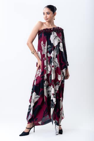 Nupur Kanoi Printed One Shoulder Cape With Side Knot Skirt 