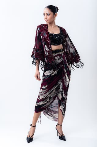 Nupur Kanoi Printed Short Cape With Gathered Skirt Set 