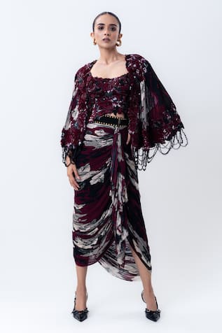 Nupur Kanoi Printed Short Cape With Gathered Skirt Set 