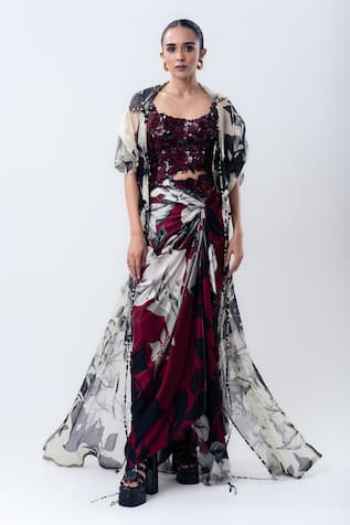 Nupur Kanoi Printed Organza Jacket With Side Knot Skirt Set 