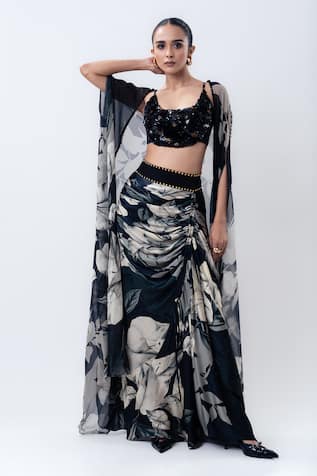 Nupur Kanoi Printed Slit Cape With Drawstring Skirt Set 