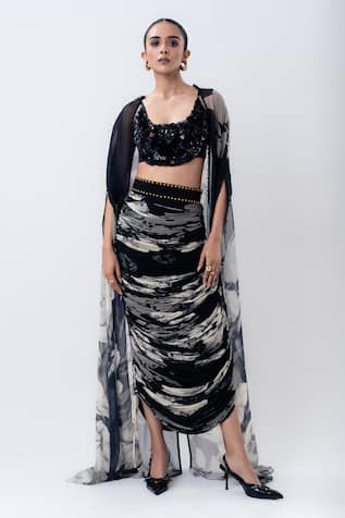 Nupur Kanoi Printed Slit Cape With Crushed Skirt Set 