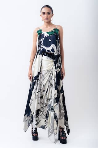 Nupur Kanoi Printed Drawstring Singlet Top With Side Knot Skirt 