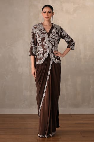 Onaya Paisley Embroidered Jacket & Pre-Draped Saree Set 