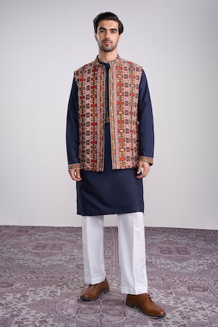 Sanjev Marwaaha Navy Blue Cotton Silk Kurta Set 