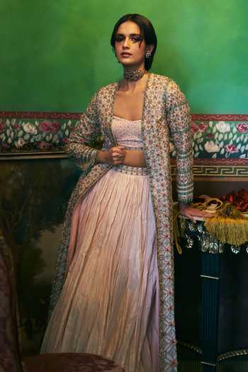 Supria Munjal Peach Chanderi Silk Skirt Set 