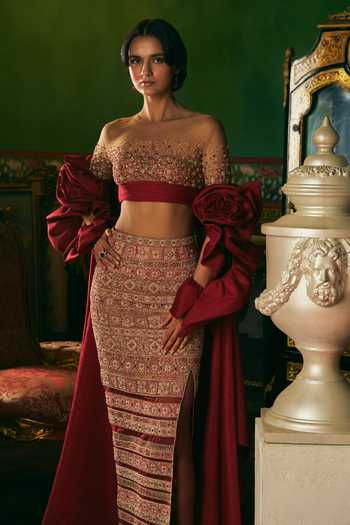 Supria Munjal Raspberry Wine Embroidered Skirt & Blouse Set 