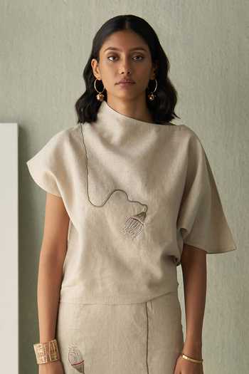Febo6 Desert Linen Embroidered Motif Top 