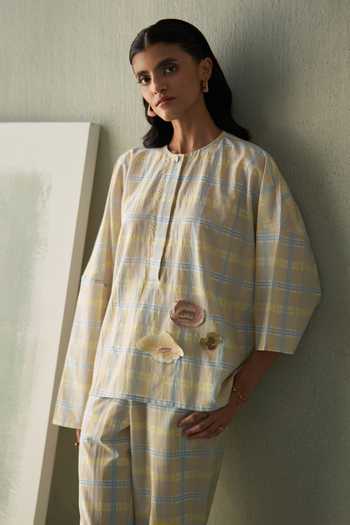 Febo6 Popcorn Plaid Appliqued Poppies Top & Trouser Set 