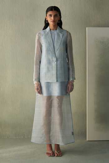 Febo6 Sky Asymmetric Kantha Stitch Organza Jacket 