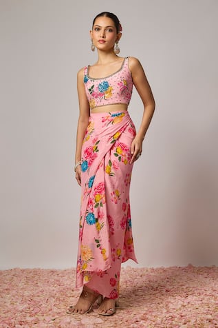 Krishna Padia Floral Hand Embroidered Blouse & Draped Skirt Set 