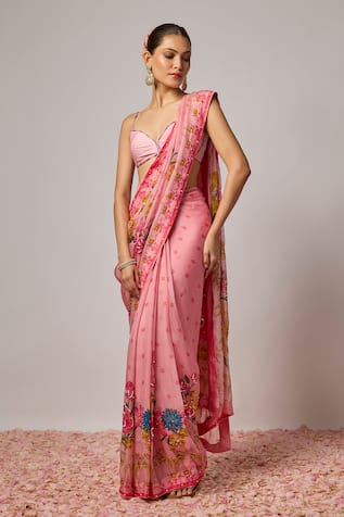 Krishna Padia Floral Hand Embroidered Pre-Draped Saree With Blouse 
