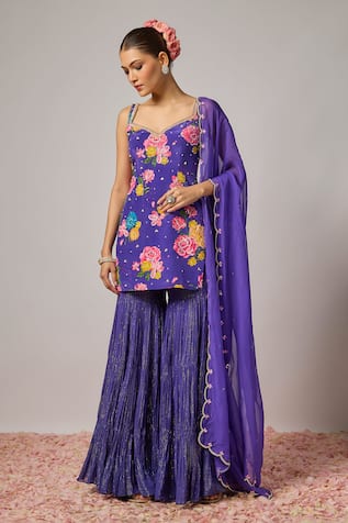 Krishna Padia Floral Hand Embroidered Kurta Sharara Set 