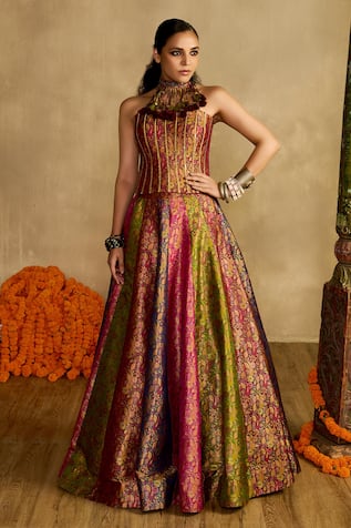 Reeti Arneja Gulaabi Haryali Brocade Corset With Panelled Lehenga 