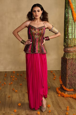 Reeti Arneja Embroidered Peplum Blouse & Draped Skirt Set 