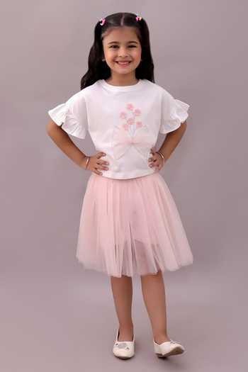 Lil Drama 3D Flower Embroidered T Shirt & Skirt Set 