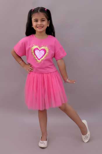Lil Drama Sequins Heart Embroidered T Shirt & Skirt Set 