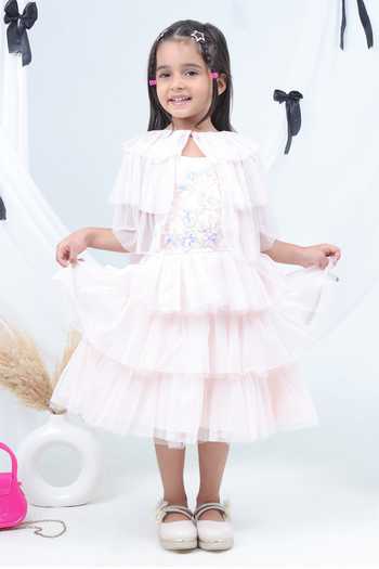 Lil Drama Sequins Embroidered Layered Dress With Net Shrug 