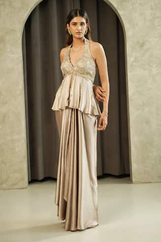 Muskan Aggarwal Aurea Floral Embroidered Peplum Top & Draped Skirt Set 