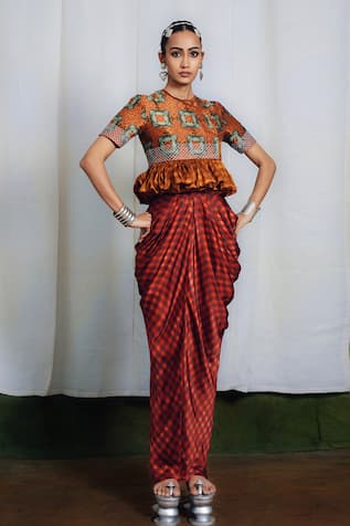 Siddhartha Bansal Printed Top & Draped Skirt Set 