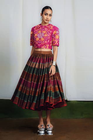 Siddhartha Bansal Peacock Printed Top & Skirt Set 