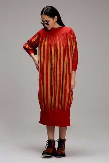 MATI Pleated Stripe Cotton Midi Dress 