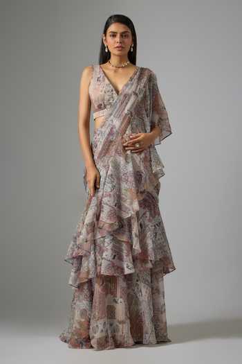 Vana Ethnics Printed Ruffled Lehenga Saree With Blouse 