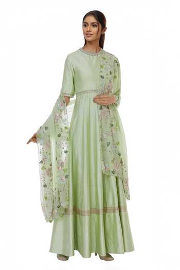 Blue Lotus Design Sequin Embroidered Anarkali With Dupatta 