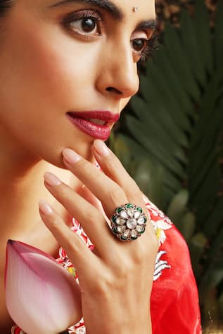 Swabhimann Kundan & Green Stone Floral Ring 