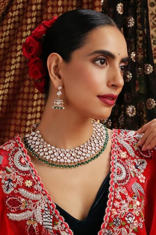 Swabhimann Kundan & Emerald Beaded Necklace Set 