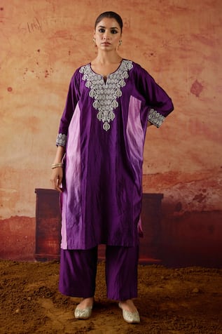 Vinita Bhansali Naaznin Silk Embroidered Kaftan & Pant Set 
