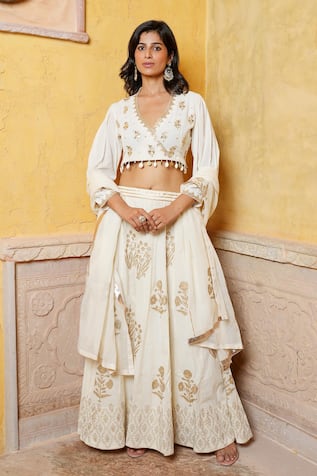 Nazar By Indu Embroidered Blouse & Motif Flared Lehenga Set 