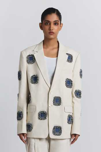 Line Out Line Denim Patchwork Embellished Blazer 