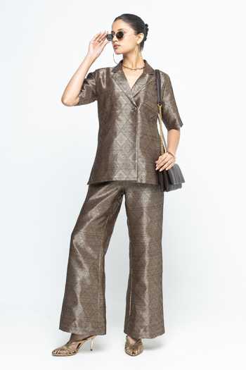 SOBARIKO Metallic Brown Wrap Blazer Pant Set 