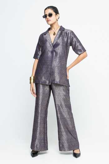 SOBARIKO Metallic Purple Wrap Blazer Pant Set 