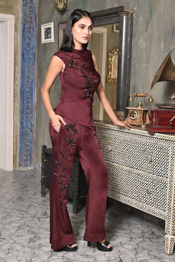 BAANI KHURANA Burgundy Embellished Top & Pant Set 