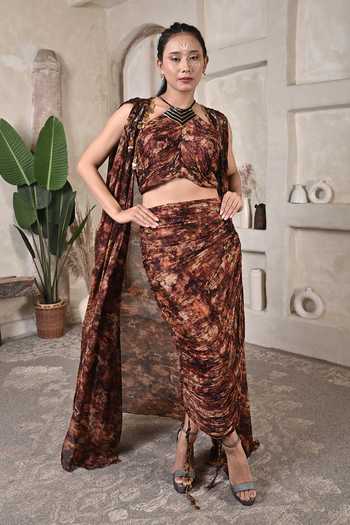 BAANI KHURANA Printed Cape & Draped Skirt Set 