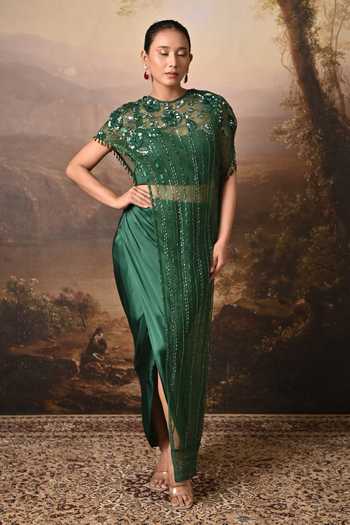 BAANI KHURANA Emerald Green Draped Skirt Set 